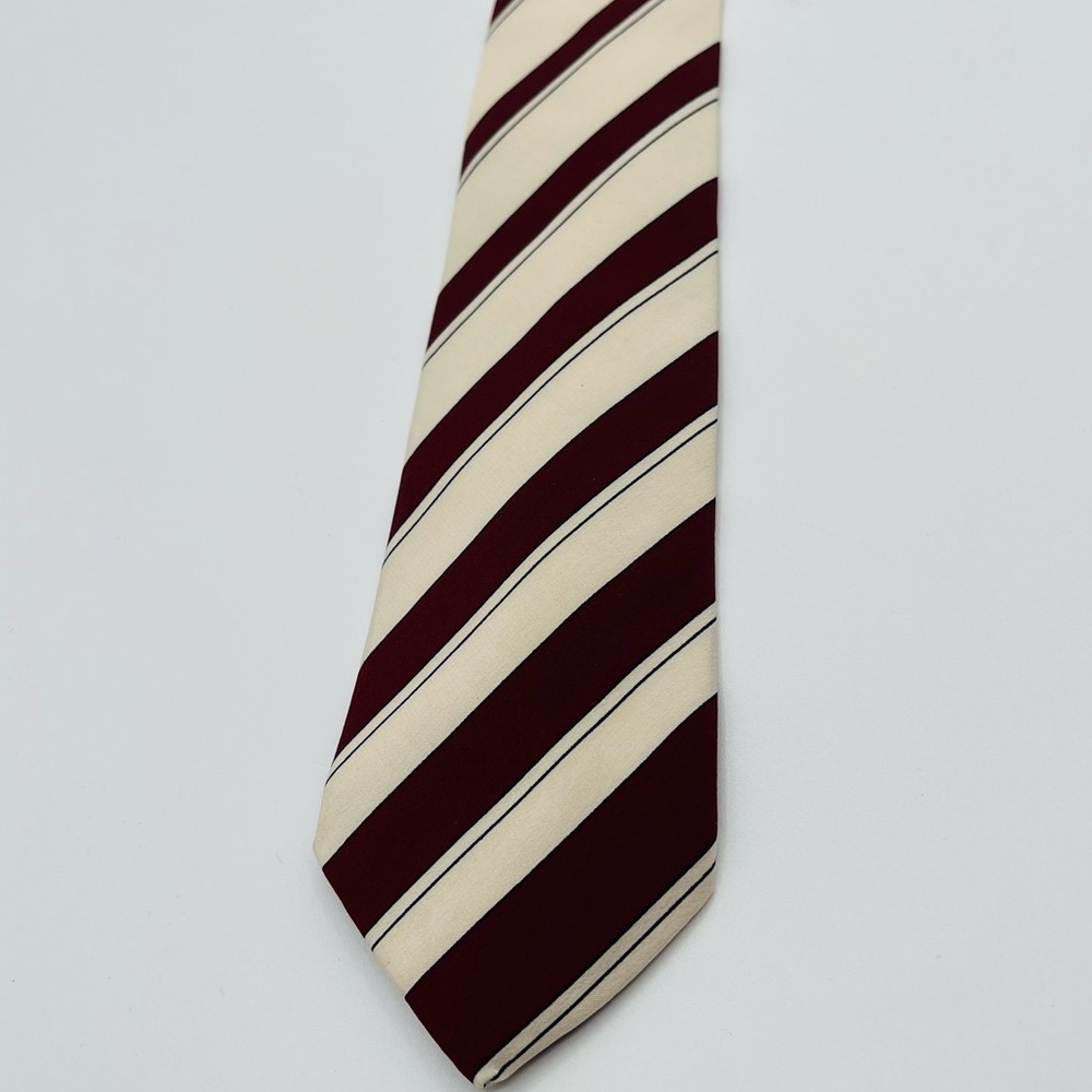 Ted Lapidus Paris Men's Vintage Necktie Cream & Red Diagonal Striped 100% Silk